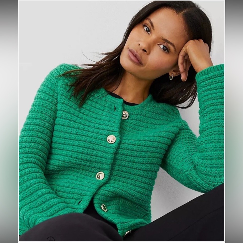 Ann Taylor Cardigan Green Geo Stitch Sweater Jacket Gold Buttons